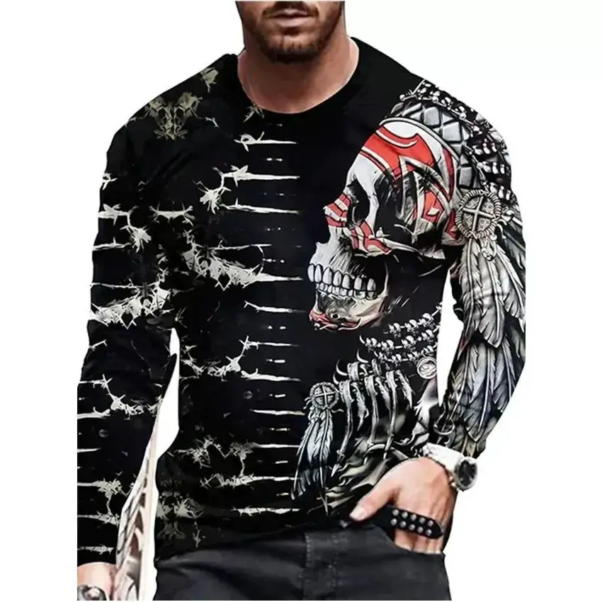 Men Spring And Autumn Each Individual Horror Skull Pattern 3d Printed O-Collar Long Sleeve Loose Vintage Printed T-Shirt Top