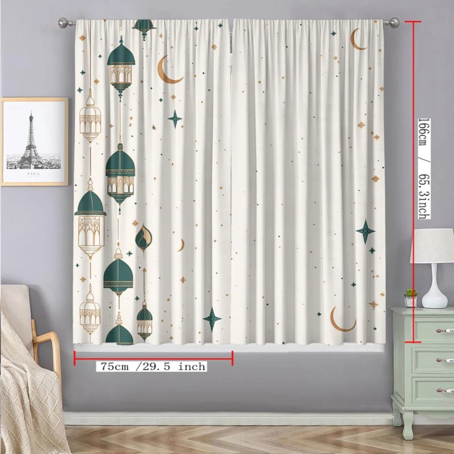 2PCS Digital Print Curtains, Teal Lantern Polka Dots Pattern, Bohemian Living Room Decor Vintage Lamp Style Cozy Bedroom Drapes