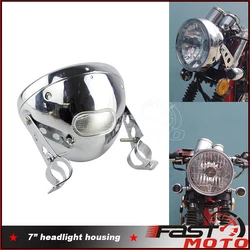 Chrome 7 inch Motorcycles Headlight Housing Bucket Retro LED Head Light Shell W/ Bracket for Honda Yamaha Kawasaki Suzuki Custom