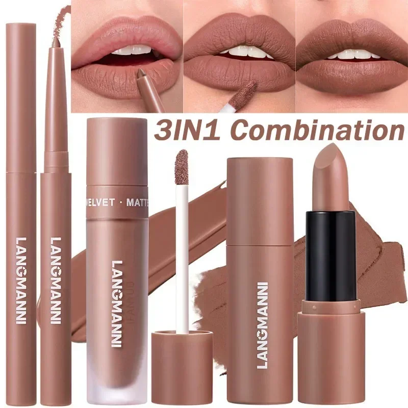 3 STKS Matte Lippenstift Set Naakt Bruin Fluwelen Vloeibare Lipgloss Waterdichte non-stick Cup Lip Liner Voller 24HR Blijvend Niet Gemakkelijk Vervagen