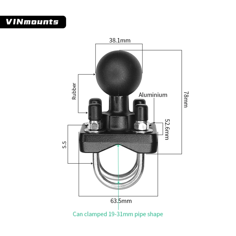 VINmounts 1.5'' Ball U-Bolt Mount for 0.5–1.3'' Round Tube, C Size Compatible with Double Socket Arm