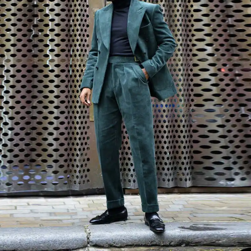 Modern Corduroy Men Tuxedos Peaked Lapel Double Breasted Pant Sets Plus Size Winter Warm Business Party Customized 2 Pieces