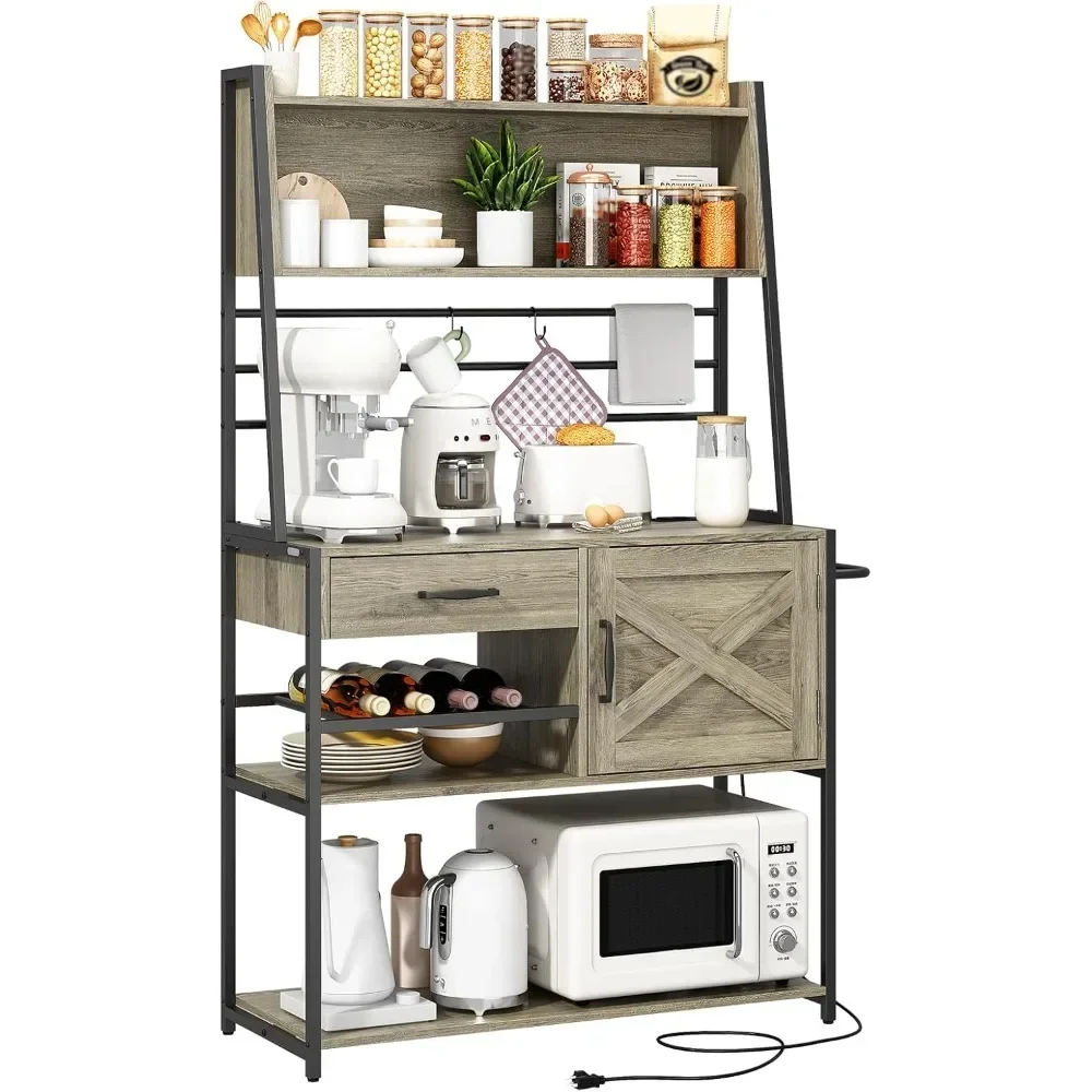 

Nordic Minimalist Large Bakers Rack with Power Outlets, Coffee Bar Station Table, Microwave Oven Stand with Shelves Kitchen