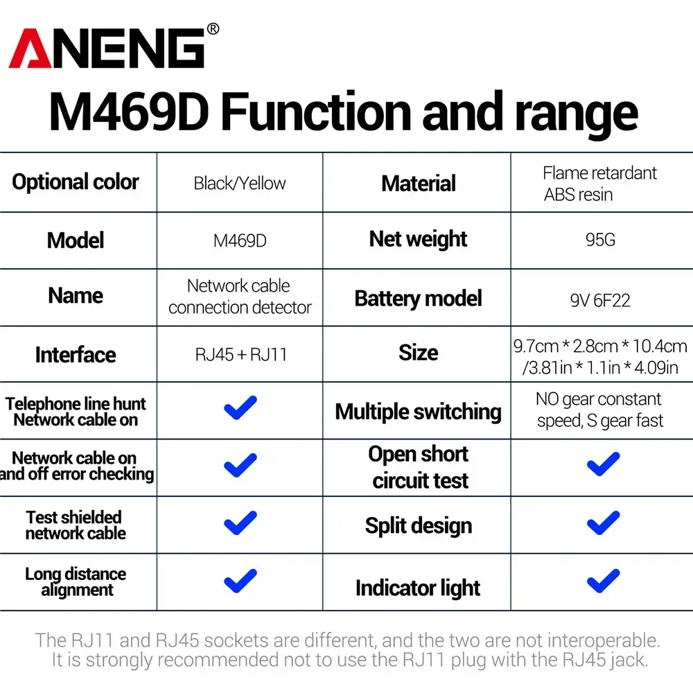 ANENG M469D ネットワークケーブルペアリング機器 ケーブル lan RJ45 RJ11 RJ12 CAT5 UTP LANケーブルテスター 取り外し可能 調整可能速度ツール