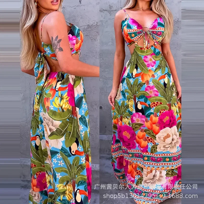 Women Floral Flower Printed Halter Neck Sleeveless Sexy Long Loose Maxi Dress High Waist Floor Length Summer