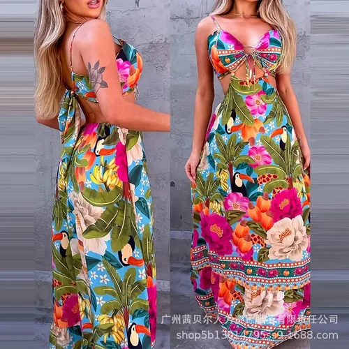 Imagen 1 del producto Vestido largo suelto sexy sin mangas con cuello halter y estampado floral para mujer, cintura alta, largo hasta el suelo, verano