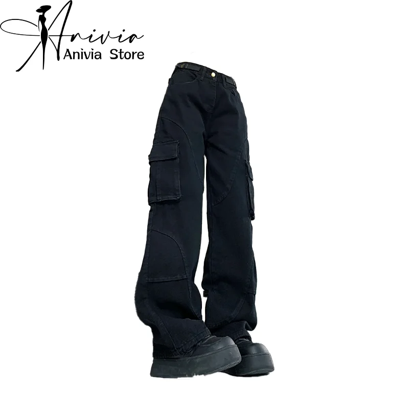 

Women Black Goth Cargo Jeans Harajuku Y2k 2000s Baggy Japanese 2000s Style Denim Trousers Emo Jean Pants Vintage Trashy Clothes