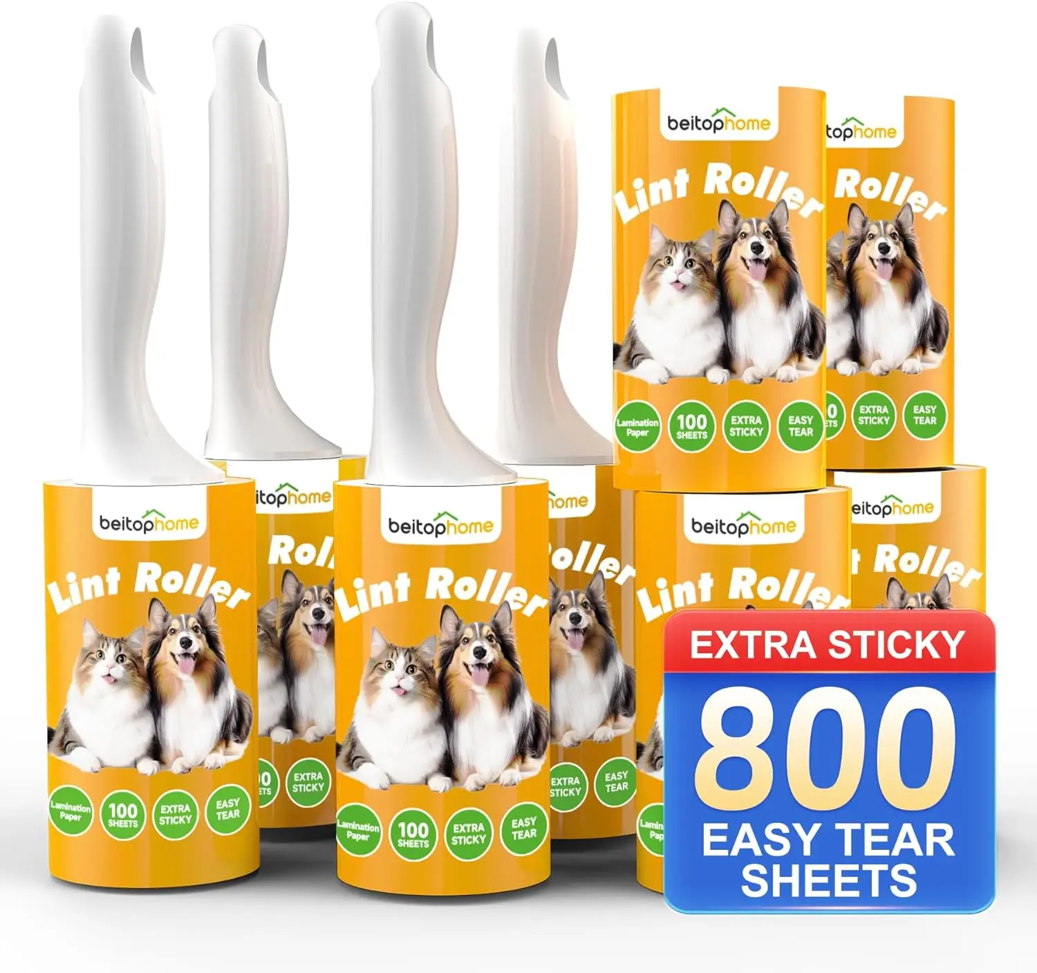 

800-Sheet Extra Sticky Lint Roller for Pet Hair, Value Pack with 4 Handles for Dogs, Cats, Clothes, Carpet, Furniture
