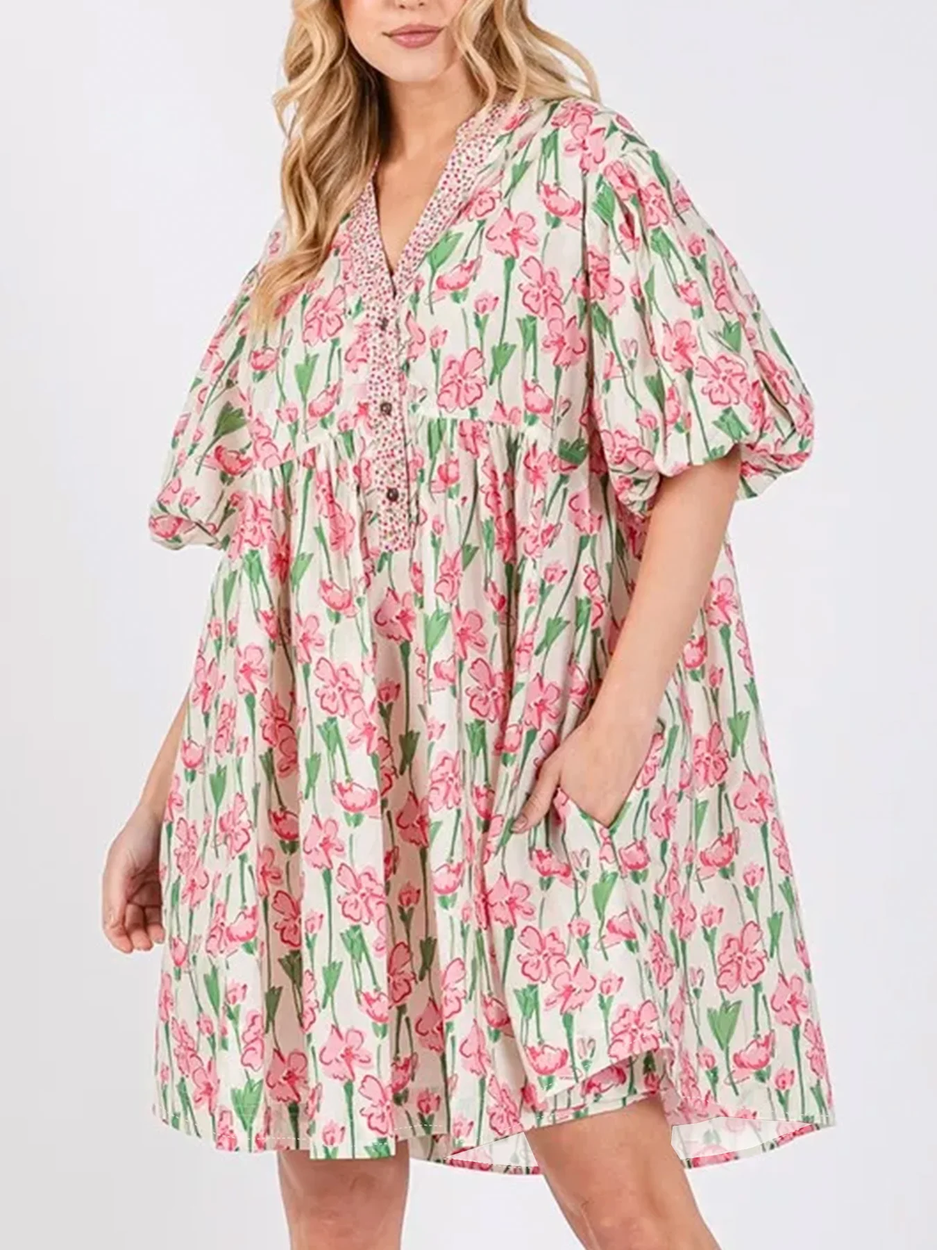 플러스 사이즈 여성용 올 시즌 플로럴 프린트 드레스 핑크 스위트 브이넥 퍼프 슬리브 루즈핏 버튼 디테일 드레스