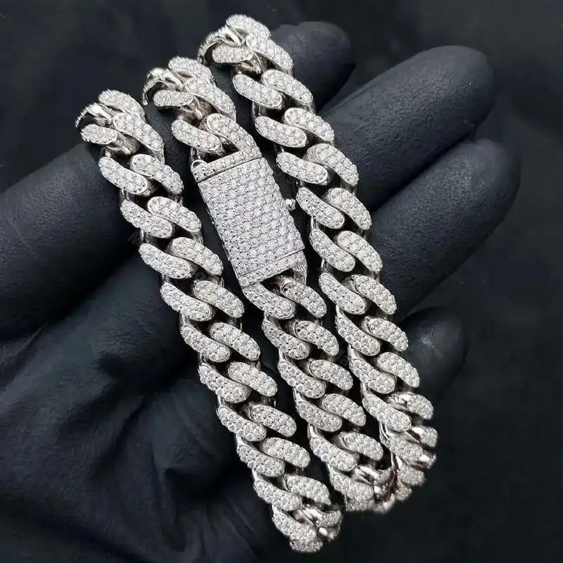 

Кубинская цепочка с двумя рядами Iced Out 10 мм, стерлинговое серебро 925 пробы, кубинская цепочка с муассанитом VVS