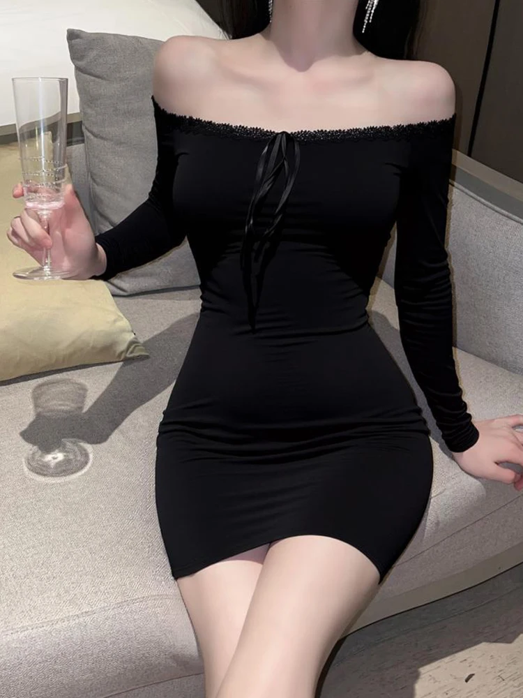 Cravatta in pizzo nero da donna sexy con spalle scoperte manica lunga aderente abito corto abito da party club abiti da donna casual abiti da strada nuovo