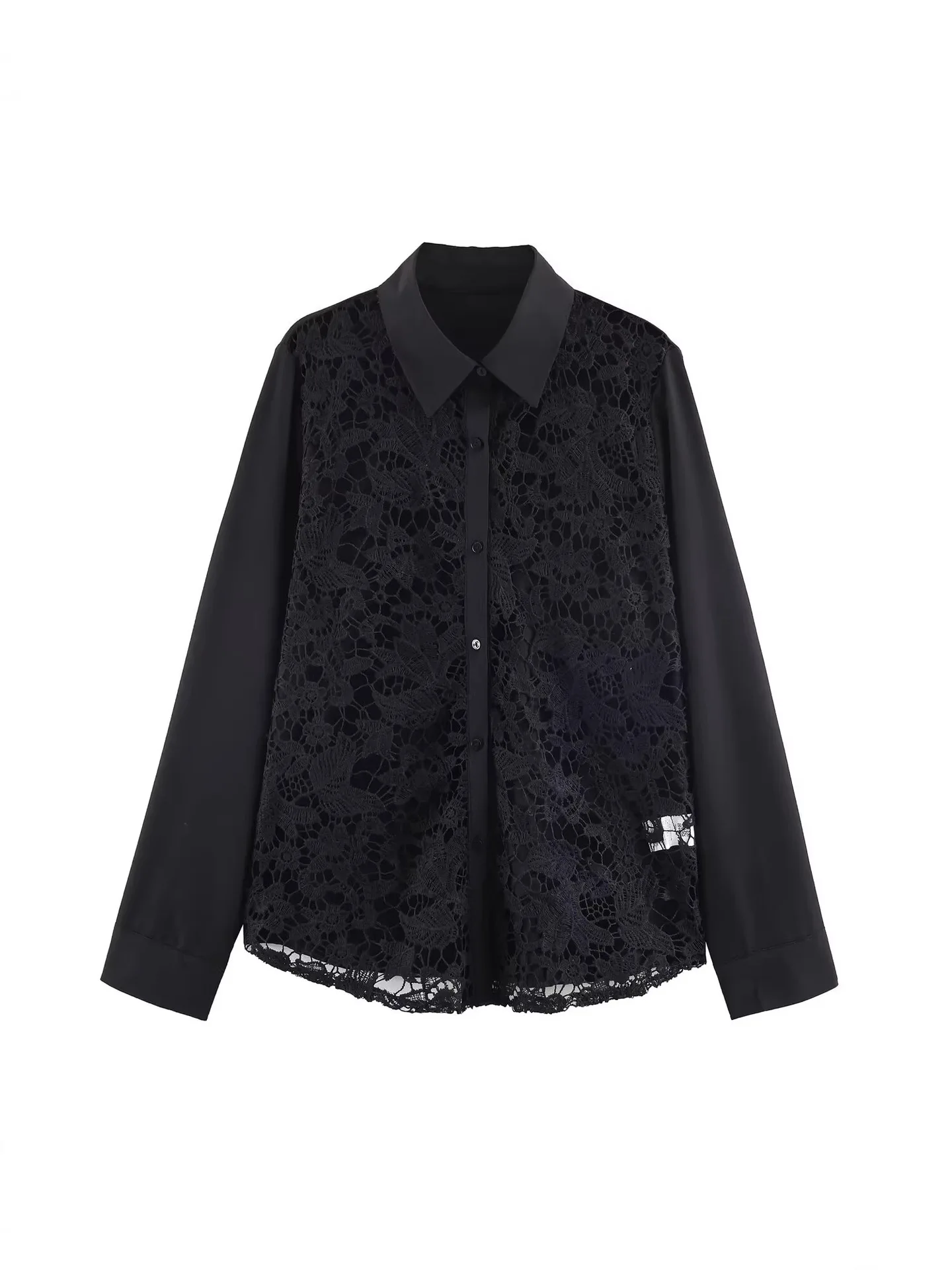 

Withered Women's Casual Temperament Simple Lapel Long Sleeved Lace Patchwork Hollow See Through Shirt