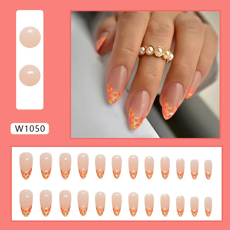 Faux ongles français à paillettes de feuilles d'automne, 24 pièces, en jaune pâle et Orange d'automne, cadeau parfait pour femmes et amis