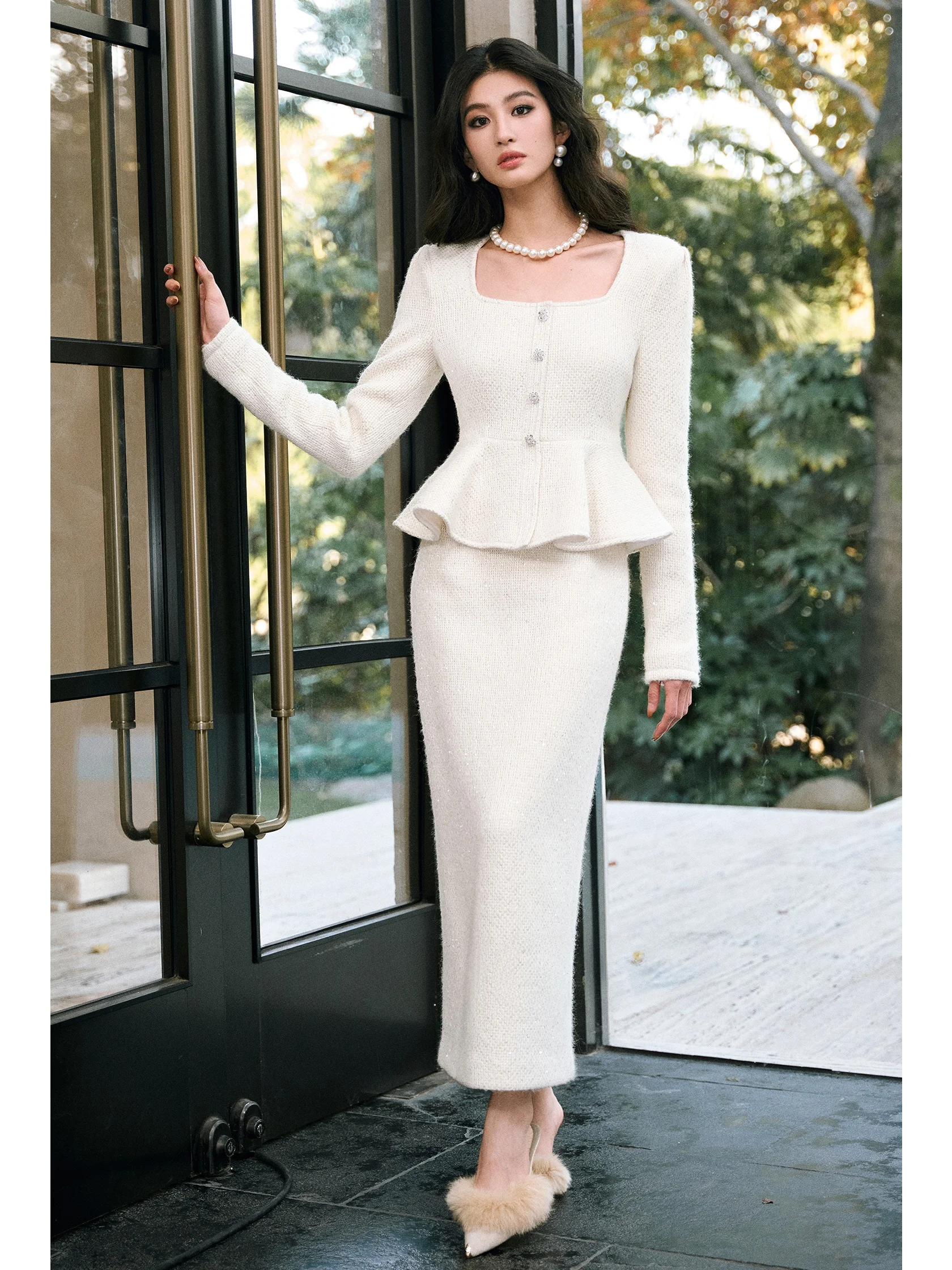 

Женский модный комплект WANGXO: юбка с высокой талией и разрезом, пальто с длинными рукавами и звездными вкраплениями, для повседневной носки