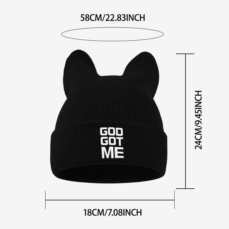 Stylish Adult Cat Ear Knit Beanie, God Got Me Letter Embroidery, For Faith‑themed Events Daily Street Holiday Outing