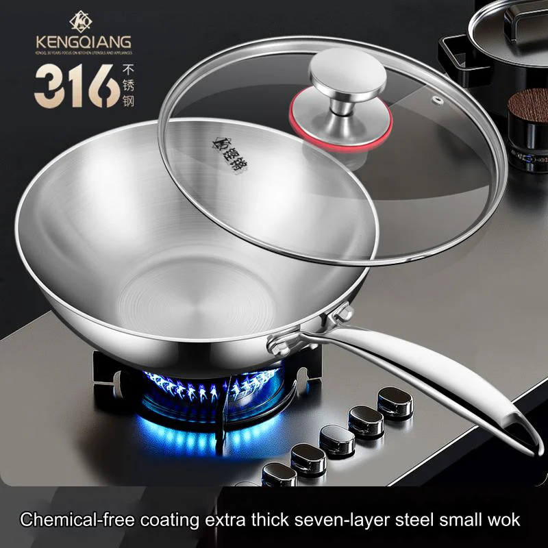 High Quality 316 Stainless Steel Transparent Glass Lid Uncoated Pan Wok Pot 24/26/30cm