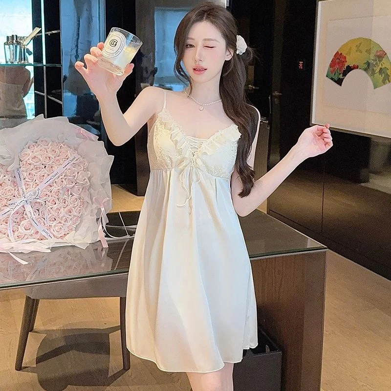 Summer Sexy Lace Lingerie Spaghetti Strap Ice Silk Satin Nightgowns for Women Cute Sleepwear Nightdress Night Dress Home Nighty 6