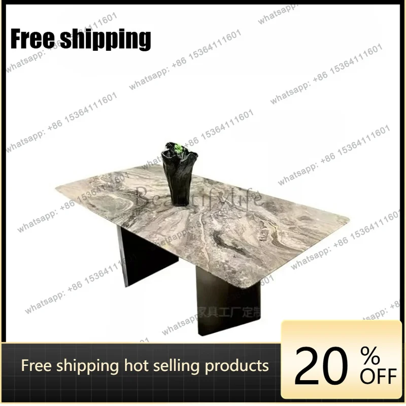 YJ brown natural marble dining table high-end Italian villa simple luxury stone rectangular dining table