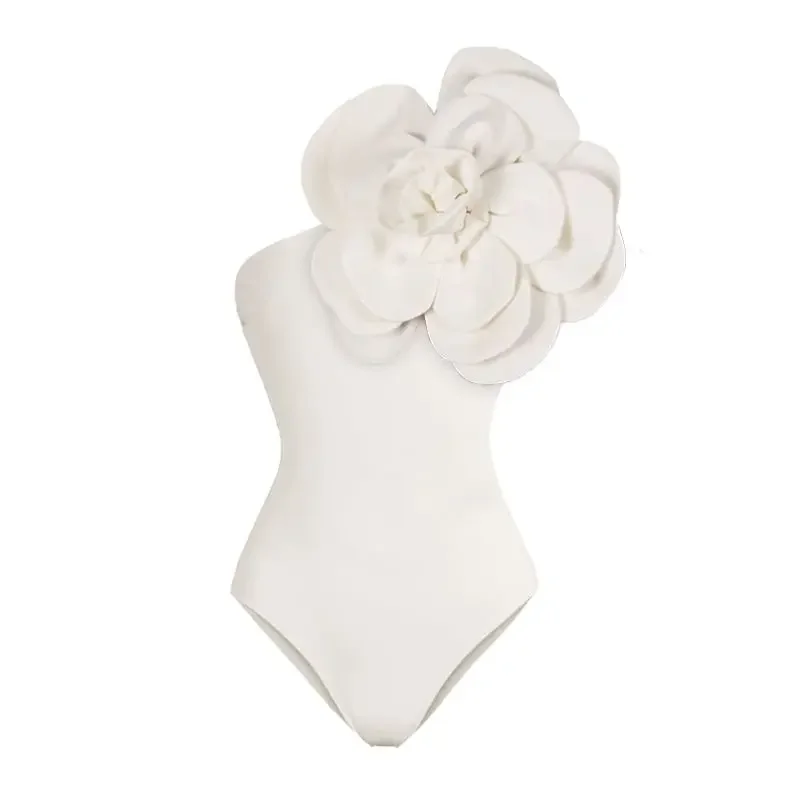 FLAXMAKER 3D Flower One Shoulder costume da bagno intero con stampa di fiori in bianco e nero all'ingrosso