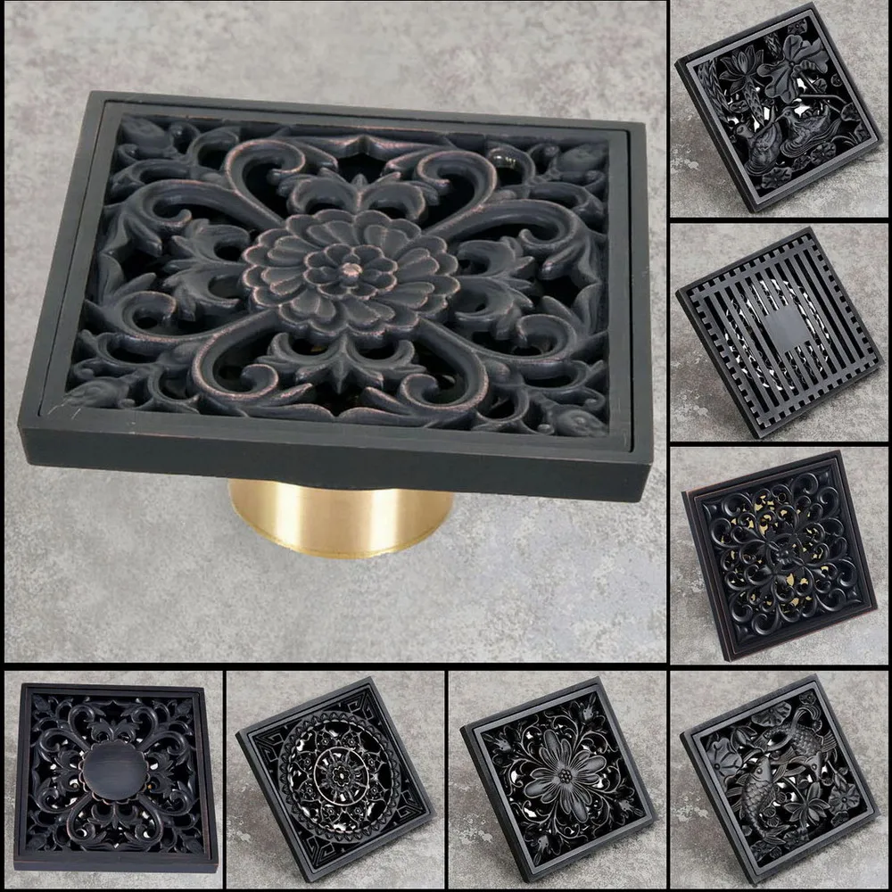 

Black Oil Rubbed Brass Carved Flower Pattern Bathroom Shower Drain 4" Square Floor Drain Waste Grates Bathroom Accessory mzh203