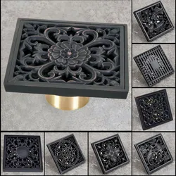 Black Brass Carved Flower Pattern Bathroom Shower Drain 4