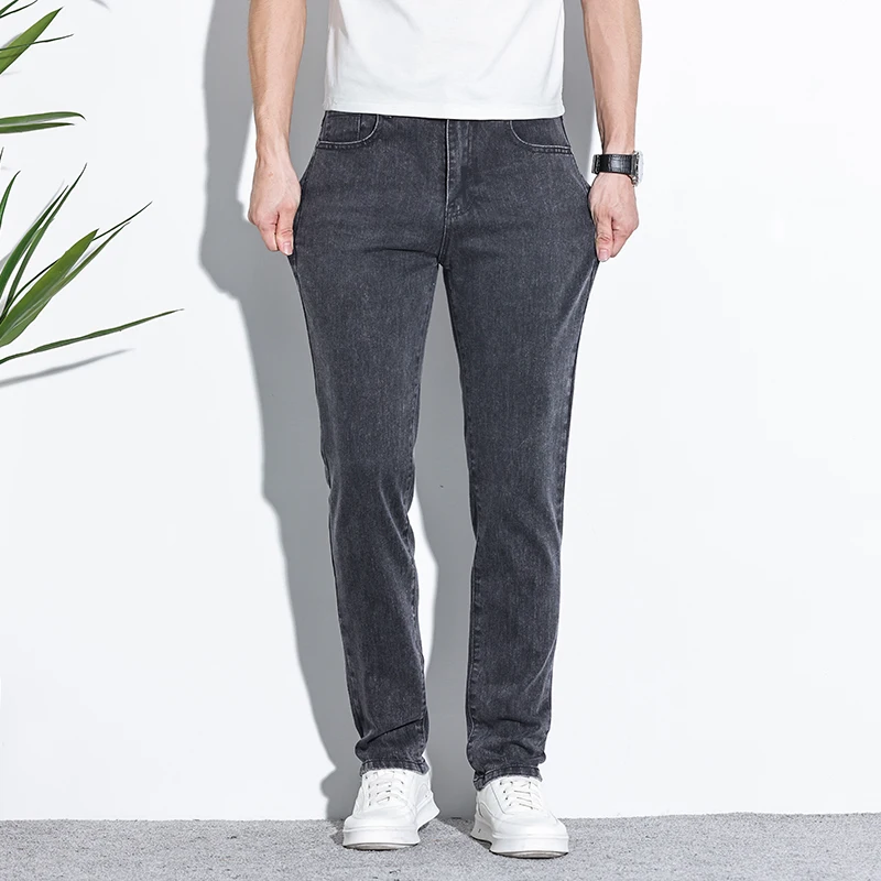

Новые модные узкие прямые джинсы, повседневные классические весенне-осенние мужские облегающие уличные брюки с высокой гибкой талией, джинсовые брюки унисекс