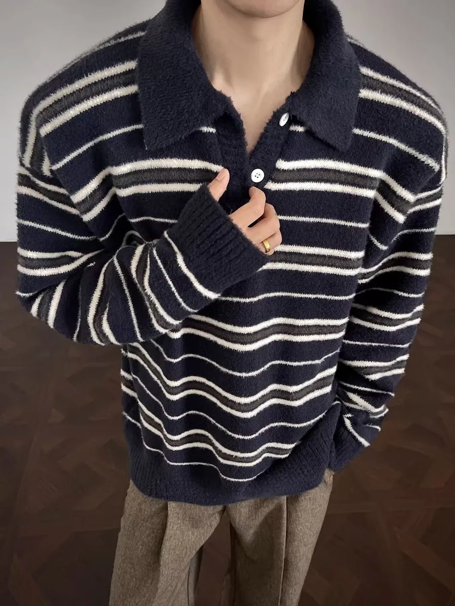 

Теплый вязаный свитер в полоску с воротником, осенне-зимний, повседневный, свободного кроя, в американском стиле, для отдыха