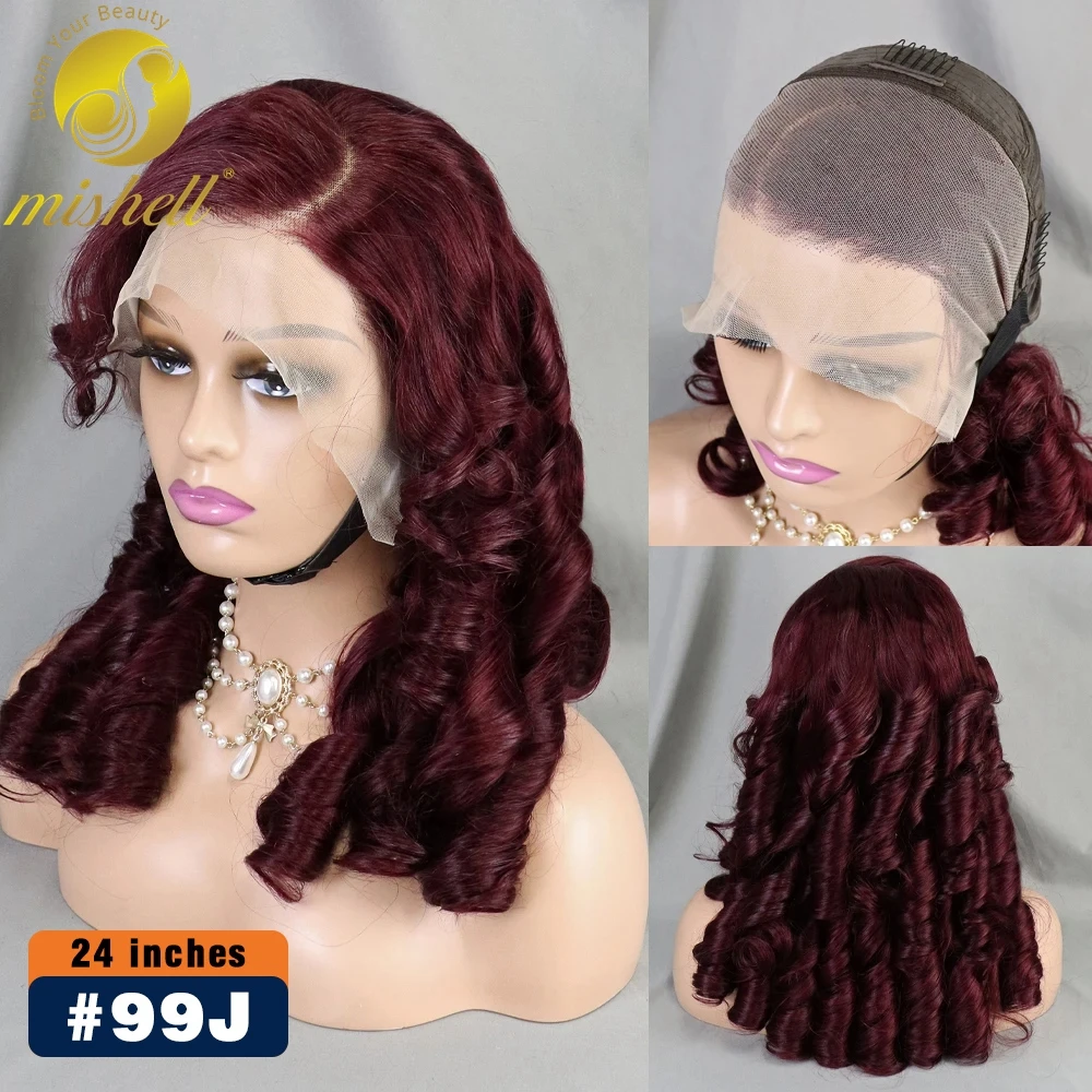 

24 inch Burgundy 99J Egg Roll Wave Hair Wig 13x4 Transparent Lace Frontal Wig 300% Density Bouncy Curly Human Hair Wig for Women