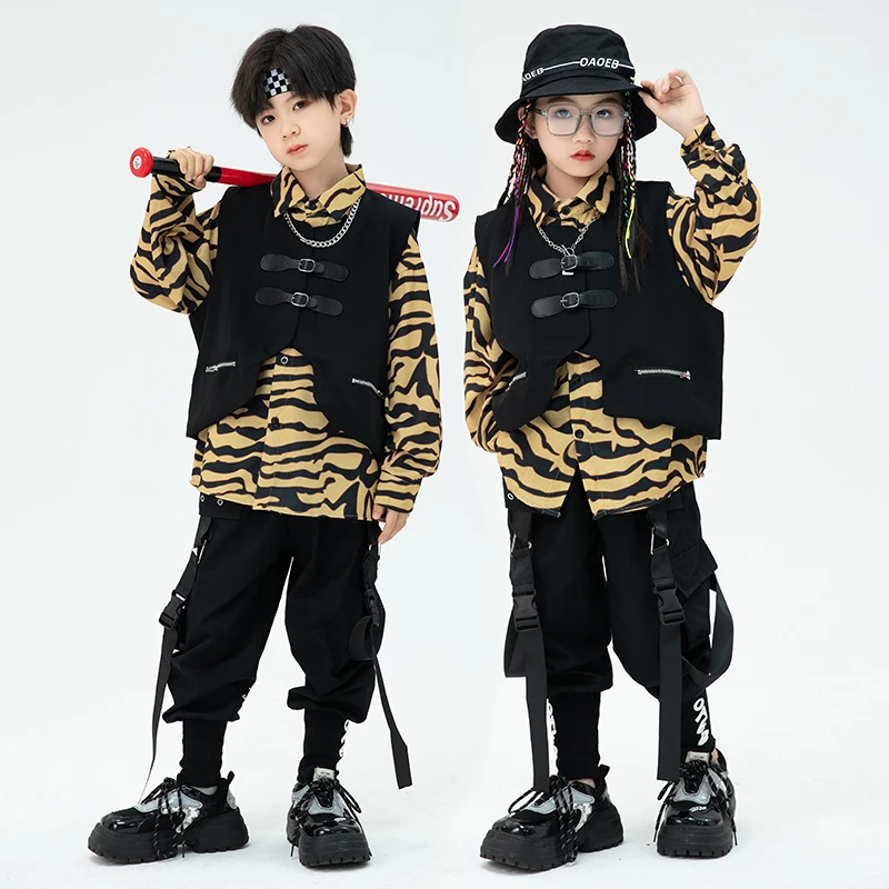 Moderne Hip Hop Dance Kleding Voor Tieners Kids Zwart Vest Cargo Broek Lange Mouwen Street Dance Pak Meisjes Jongens Kostuum BL9304