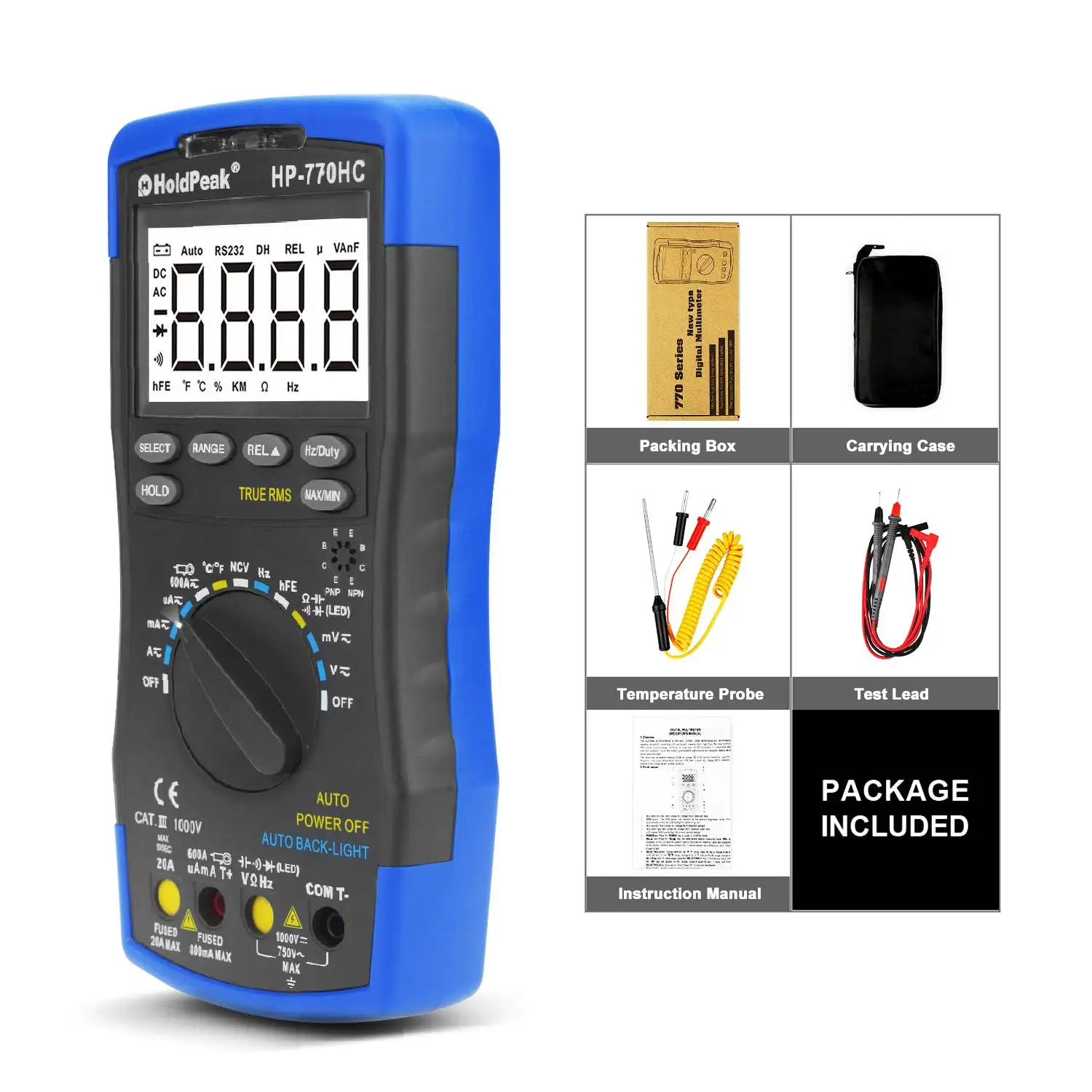 Imagem -06 - Holdpeak-multímetro Digital com Ncv Feature Auto Ranging Temperatura Freqüência Duty Cycle Test True Rms Hp770hc