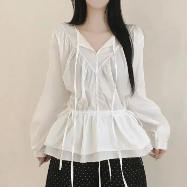 

Стильная весенняя блузка миди с присборенной талией, эффектом стройности, длинными рукавами, модным пэчворком и поясом на завязках из смесового хлопка для женщин