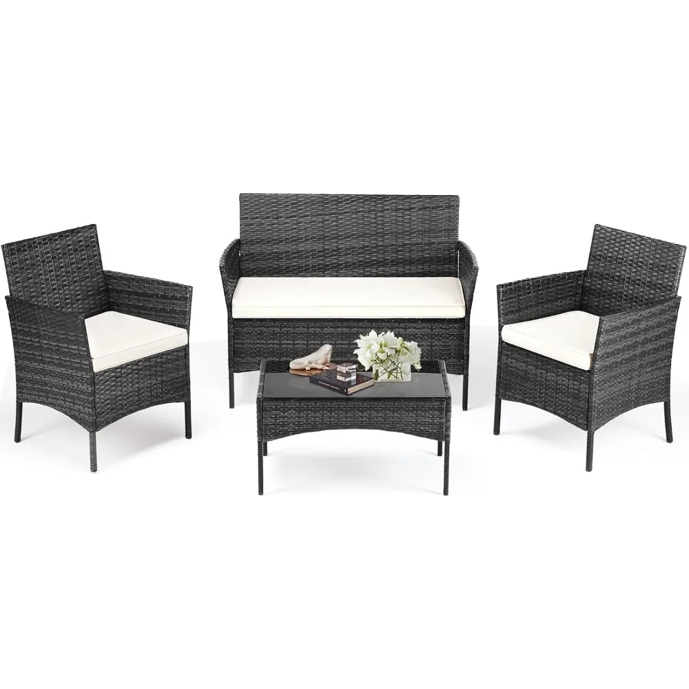 

Patio Furniture Set 4 Pieces, Outdoor Wicker Furniture with Coffee Table, Modern Rattan Patio Chairs Conversation Sets with Sofa