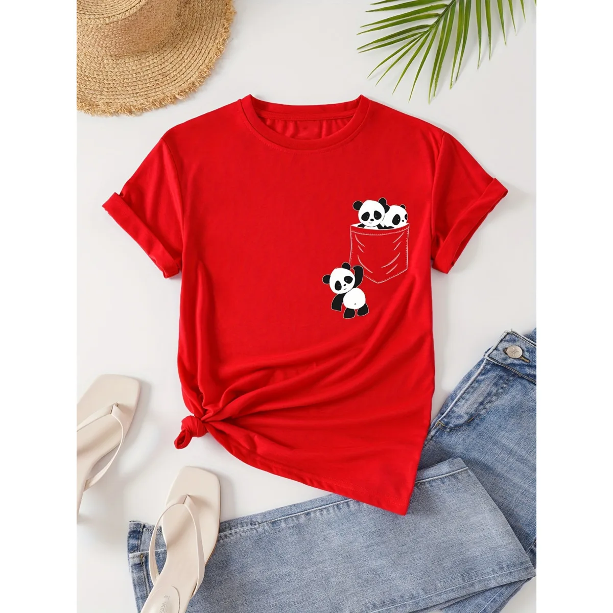 

Panda Print Crew Neck T-Shirt, Casual Short Sleeve T-Shirt For Spring & Summer, casual basics O-collar Women's Clothing