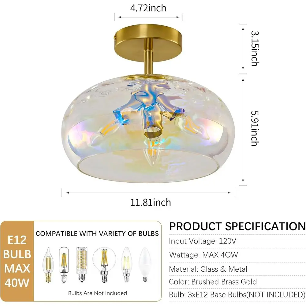 Luminárias de Teto de Vidro Martelado Arco-Íris de 12 Polegadas para Corredor, Quarto, Entrada, Cozinha
