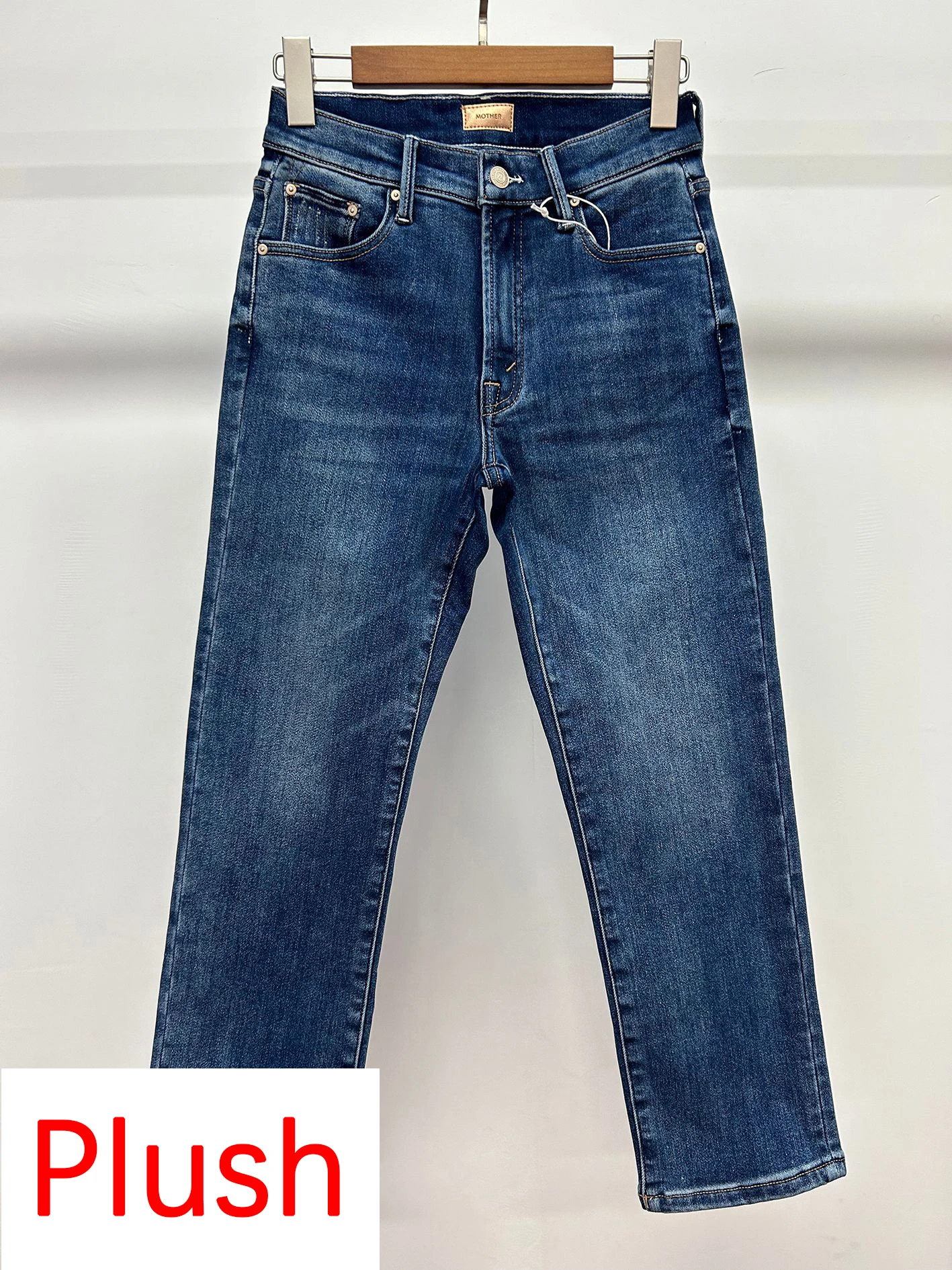 Pantaloni in denim dritti spessi in peluche da donna jeans casual a vita alta alla moda