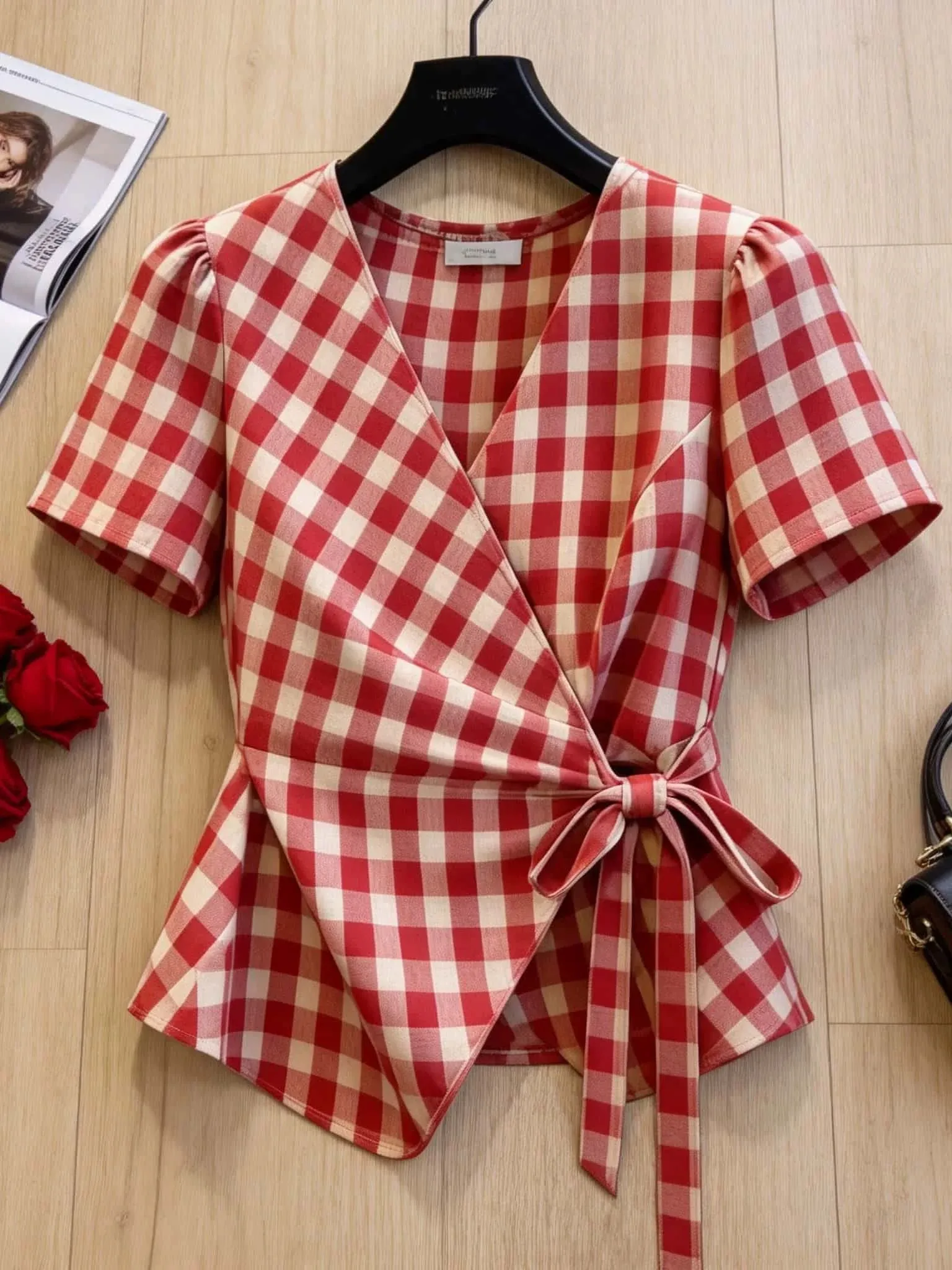 

Red Plaid Bubble Sleeve Shirt Women's V-neck Belted Slimming Short Sleeve T-shirt Top Retro Style Casual Fit Polyester Material