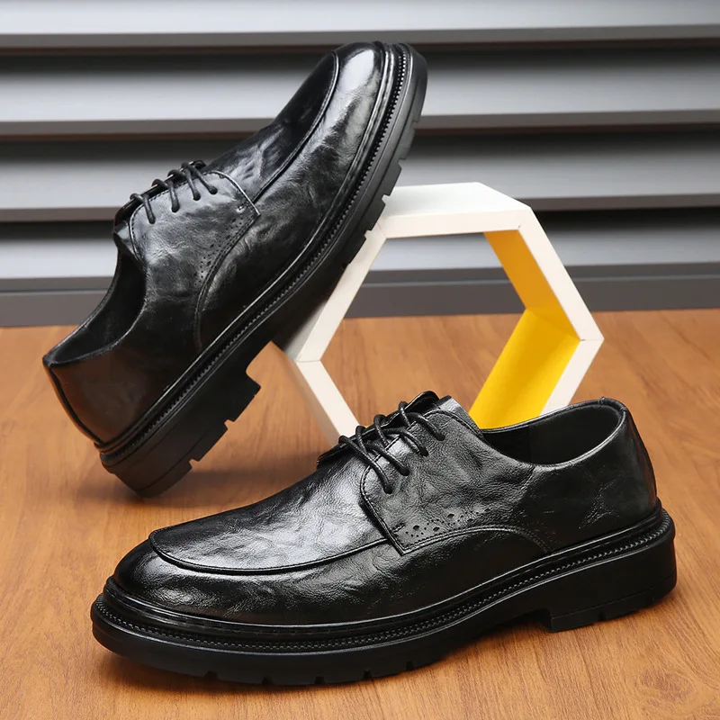 Mens Genuine Leather Business Oxfords Soft Cushioned Sole Breathable Dress Shoes for Office Daily Wear Black Formal Casual Shoes