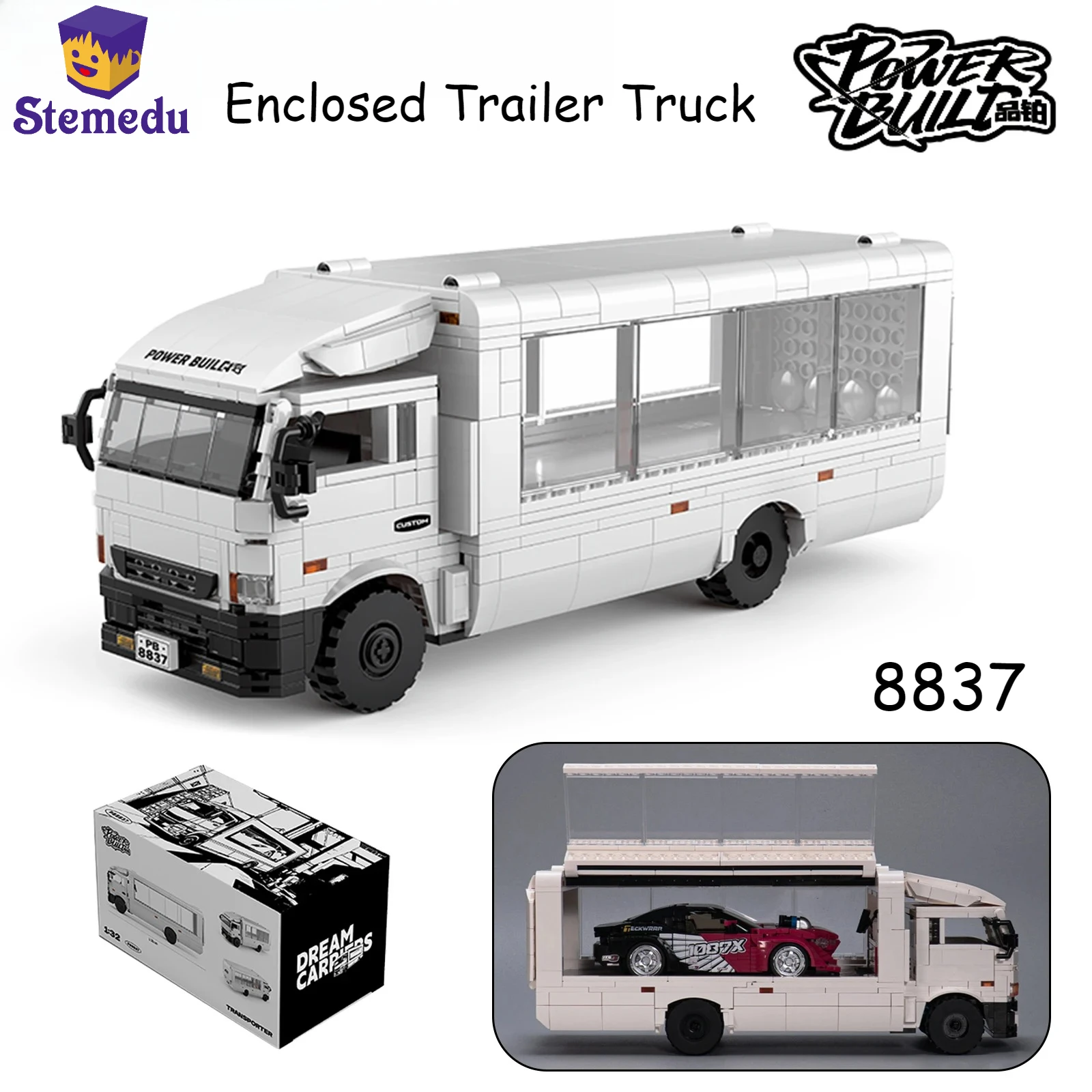

PB8837 Enclosed Trailer Truck Model Building Blocks F3 Transport Vehicle for 1:32 Mini Car Ornaments Boys Toys Creative Gifts