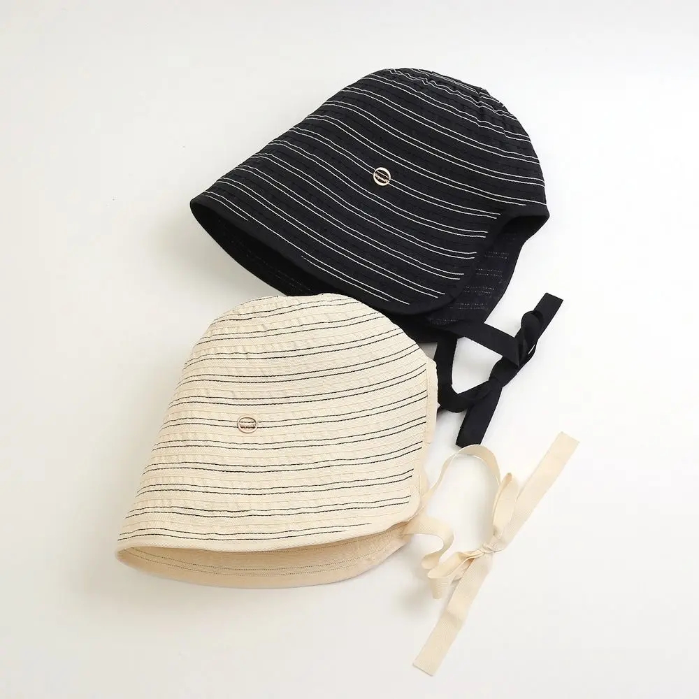 Portable Ribbon Women Striped Fisherman Hat Wide Brim Foldable Sunshade Hat Solid Color Cotton Bucket Hat Beach