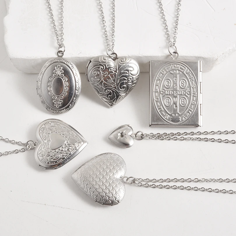

Vintage Silver Color Openable Oval Square Heart Carved Flower Stripe Locket Necklace Chic Photo Frame Stainless Steel Necklaces