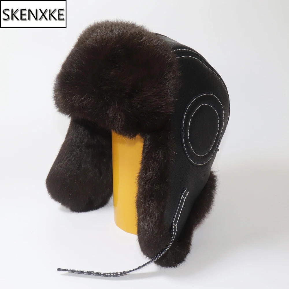 

Men's Fur Caps Warm Natural Rabbit Fur Bomber Hat With Earflaps Winter Hot Sale Unisex Warm Ushanka Hat Real Sheep Leather Hats