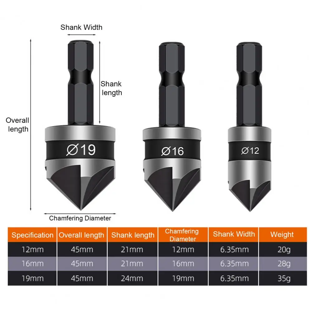 Rust Resistant Countersink Bit Set 3pcs Five Edge Chamfering Cutter Set Stainless Steel Single Edge Reaming Drill 90 Degree