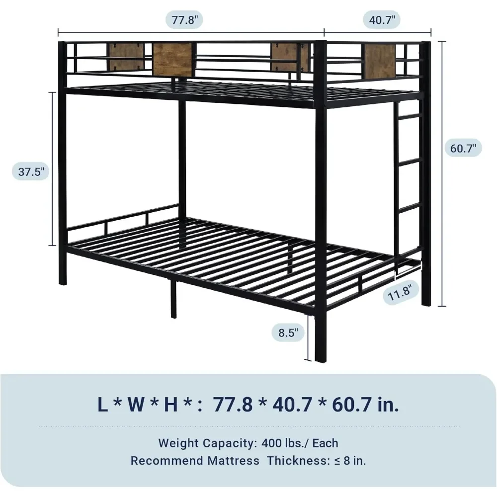 Twin Over Twin Bunk Bed with Rustic Wooden Accents, Sturdy Metal Frame, Space-Saving Design, Noise-Free, Black，bunk Bed Frame