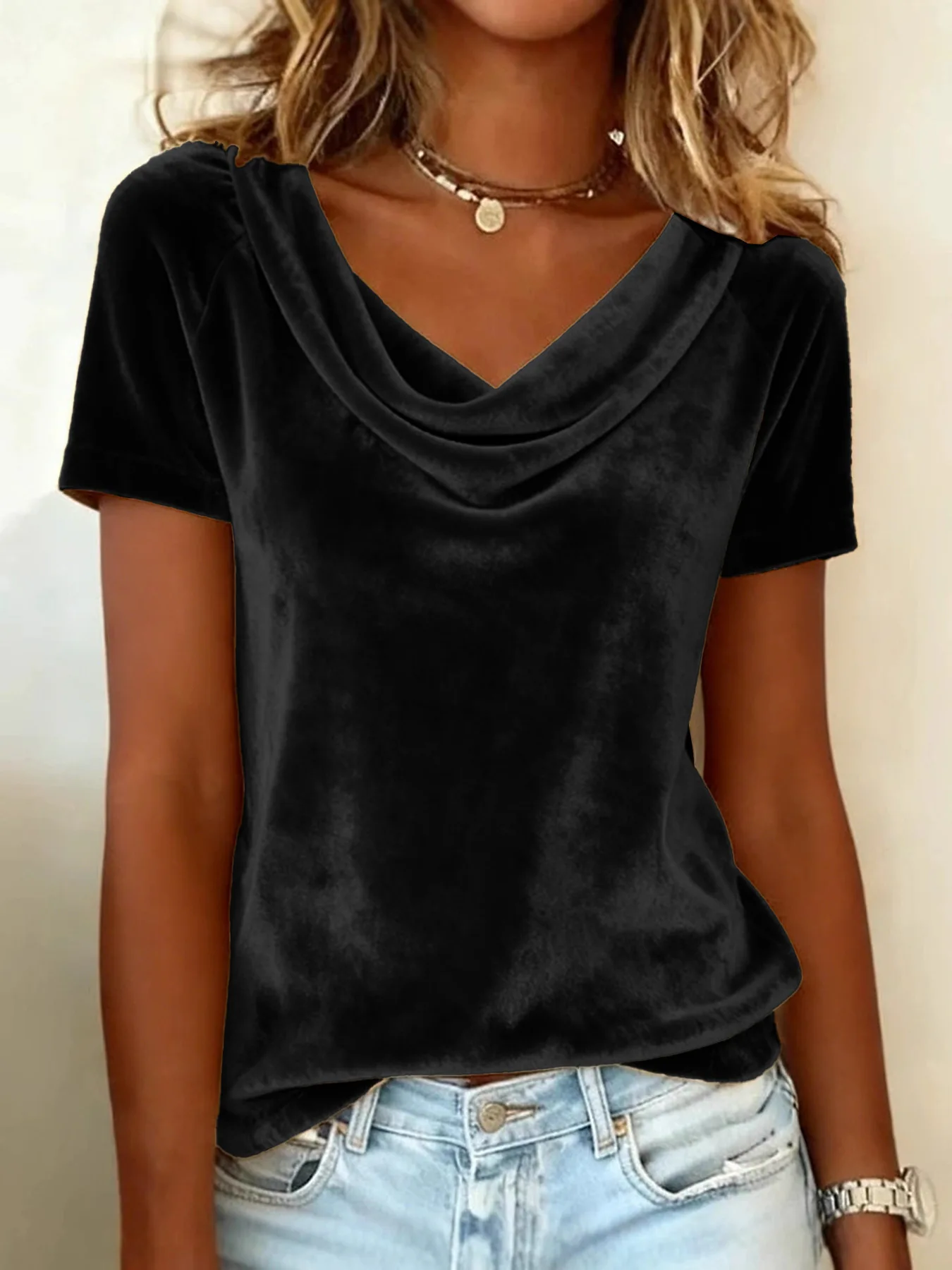 Fashion Women's New Pure Color Drop Shoulder Short Sleeve Sexy Velvet T-Shirt