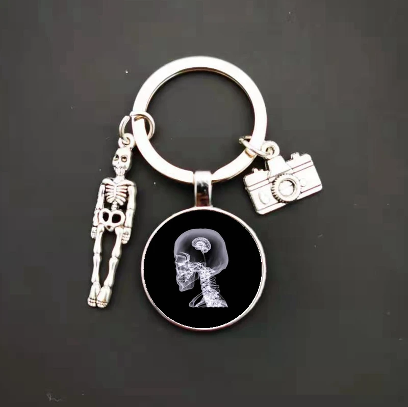 Fashion Creative Vintage Skeleton Pendant Key Chain X-ray Film Glass Convex Round Key Ring Cute Key Chain Handmade DIY Bag Charm