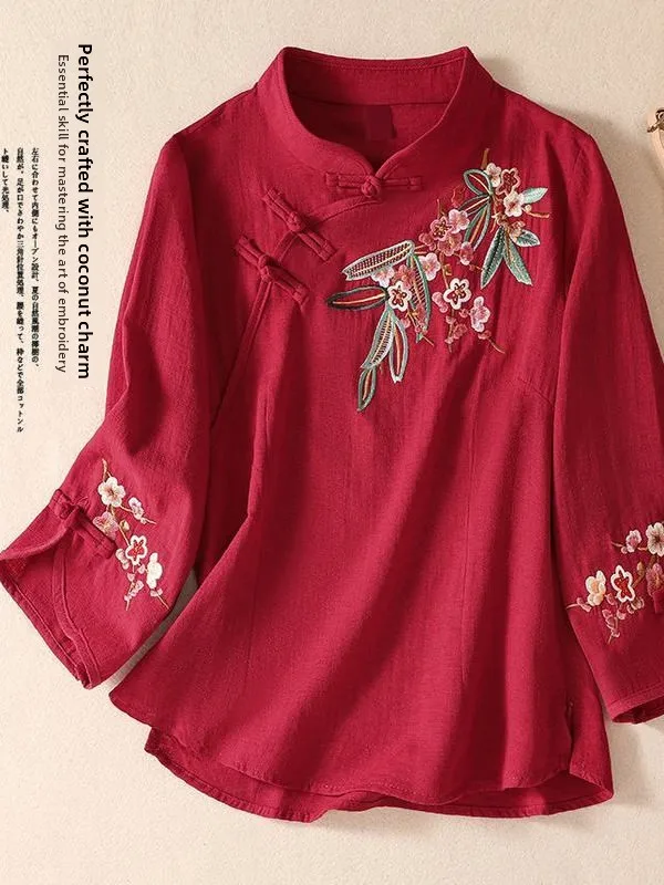 

plus Size 300 Pou Fat MM Chinese Sle Embroidered irt Women's Stand Collar Seven Sve Loose Fit Autumn Outerwear