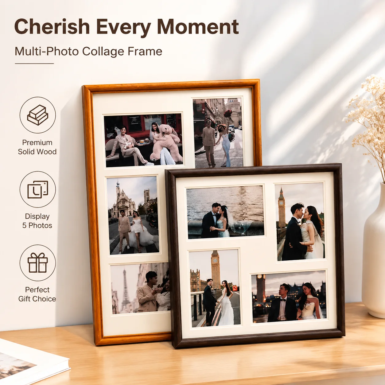 Solid Wood Multi-Grid Photo Frame for Wedding, Anniversary, or Couple Portrait Display – Tabletop Wall-Mountable Living Room De