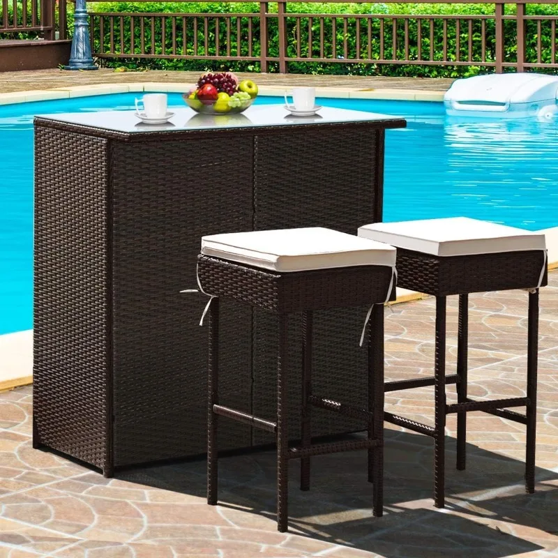 Set da bar in rattan da 3 pezzi, sgabelli da bar da patio e tavolo da pranzo per prato, cortile e giardino