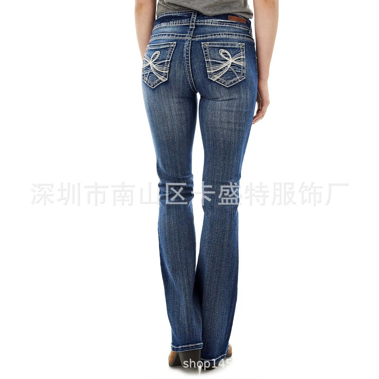 Women's Sweet Style Dark Blue Mid Rise Stretch Slim Fit Floor Length Denim Jeans 2026 Spring New Arrivals Embroidered Flare Leg