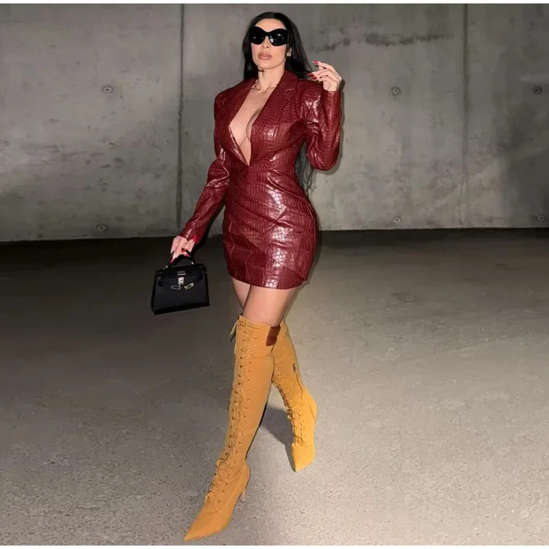 Sexy Burgundy Deep V Leather Mini Dress Women Lattice Shoulder Pads Long Sleeve High Waist Fold Dresses Lady Slim Short Robes